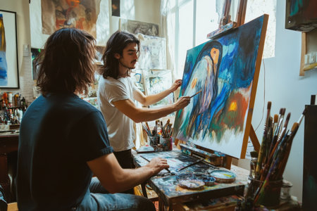 Two artists engage in creative work, painting a large canvas of an owl surrounded by vivid colors and textures.の素材