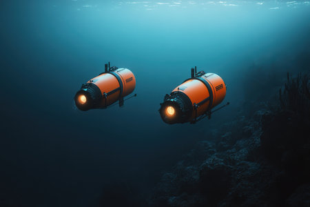 Two orange submersibles navigate the deep blue ocean, revealing the beauty of underwater marine life.の素材