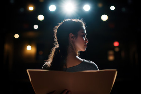 A young actress stands backstage with a script, preparing for her role under bright stage lights.の素材