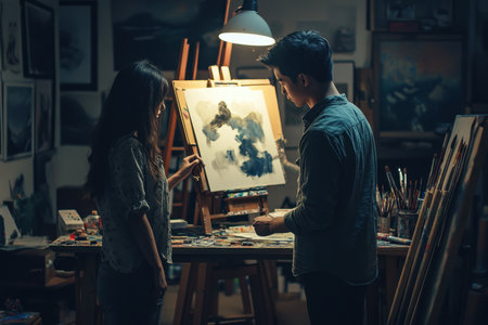 Two individuals discuss their artwork in a cozy art studio illuminated by warm light.の素材
