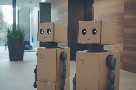 Two adorable robot characters made of cardboard display friendly expressions in a contemporary space.の素材