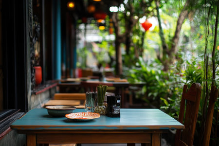 Outdoor tables in a garden cafe with vibrant lanterns and greenery create a relaxing atmosphere.の素材