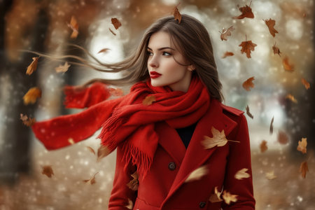A woman wearing a vibrant red coat and scarf stands in a park, surrounded by swirling autumn leaves.の素材