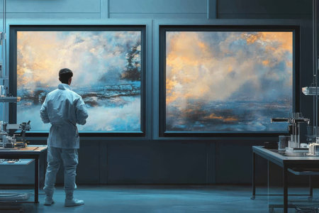 A person in a lab coat studies two large abstract paintings while surrounded by an artistic workspace.の素材