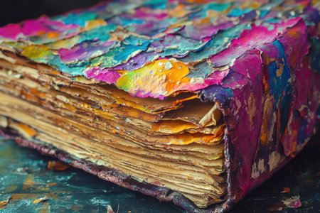 A handcrafted book with a colorful cover and worn pages sits against a dark background.の素材
