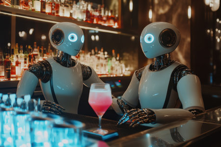 Two humanoid robots interact at a sleek bar, preparing vibrant cocktails in an upscale environment.の素材