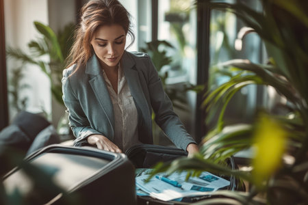 A professional woman organizes important papers inside her suitcase in a bright, plant-filled office.の素材