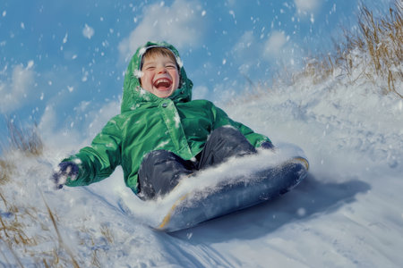 A young child in a green jacket gleefully sleds down a snowy slope under a clear blue sky.の素材