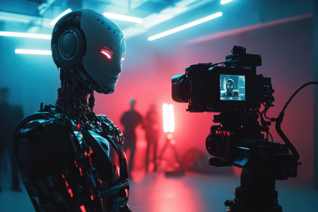 A futuristic robot is being filmed in a modern studio with vibrant lighting and crew members present.の素材