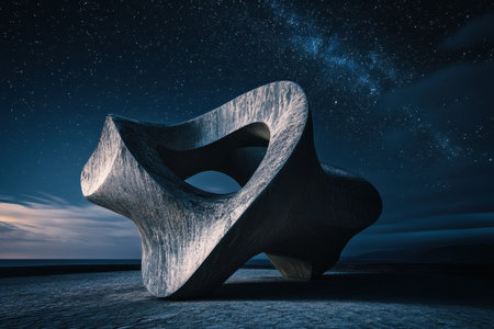 A large abstract sculpture stands on the shore while stars twinkle above in a serene night setting.の素材