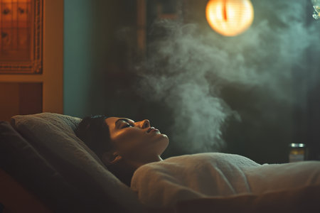 A person lies calmly on a treatment table in a spa, surrounded by steam and soft, warm lighting.の素材