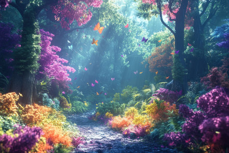 Butterflies dance among lush, colorful flowers in a serene forest filled with vibrant greenery and bright sunlight.の素材
