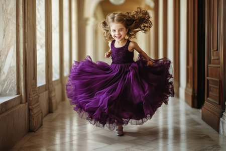 A joyful girl spins gracefully in a luxurious hallway, her purple dress flowing around her as she twirls.の素材