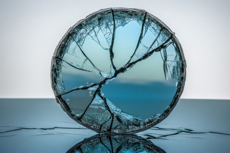 A round piece of broken glass sits on a reflective surface, capturing soft hues and light.の素材