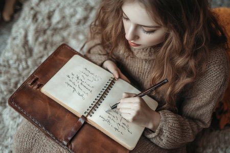 A woman sits comfortably with a notebook, writing thoughtfully with a pen in a warm atmosphere.の素材