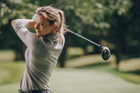 A woman in a gray outfit focuses on her swing while practicing golf on a beautiful day outdoors.の素材