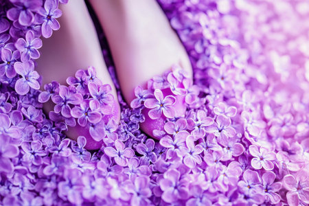 Bare feet rest in a bed of soft purple flowers, creating a tranquil and enchanting atmosphere.の素材