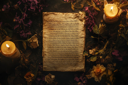 An aged manuscript rests on a table adorned with dried flowers and lit candles, creating a warm ambiance.の素材