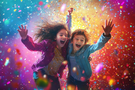 Two kids joyfully express happiness as they play in a colorful confetti shower, enjoying a festive atmosphere.の素材
