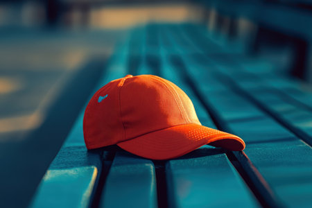 An orange cap lies on a blue bench, illuminated by warm afternoon sunlight, creating a vibrant contrast.の素材