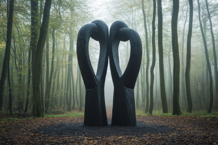 A large abstract sculpture stands in a foggy forest of tall trees and fallen leaves, creating a serene vibe.の素材