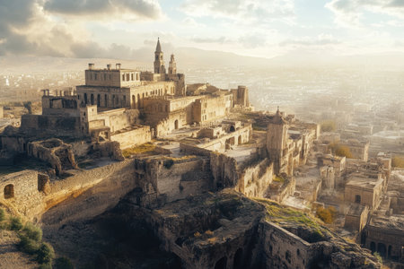 A breathtaking view of ancient ruins atop a hillside during sunset, showing rich history and architecture.の素材