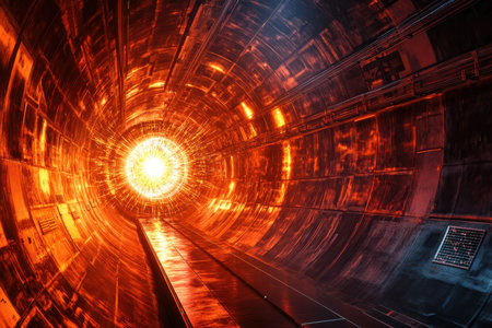 A bright orange light shines from a metal tunnel, revealing intricate patterns in a dark space.の素材
