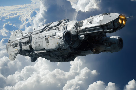 A large, detailed spaceship glides through fluffy clouds under a clear blue sky, showing advanced technology.の素材