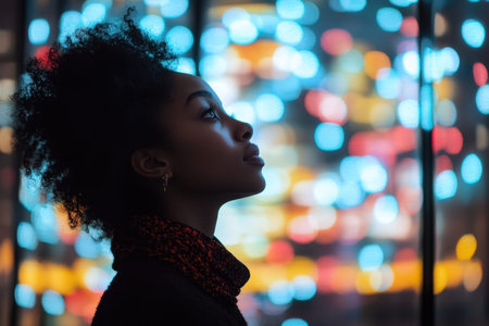 A woman stands in profile, captivated by colorful city lights shining at night, lost in contemplation.の素材