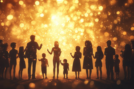 Groups of adults and children hold hands together, enjoying a joyful celebration filled with sparkling lights.の素材