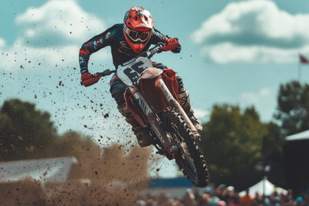A motocross rider performs an impressive jump in mid-air during a competitive dirt bike race.の素材