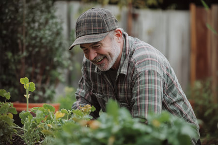 A joyful elder is engaged in gardening, nurturing plants while enjoying a peaceful afternoon outdoors.の素材