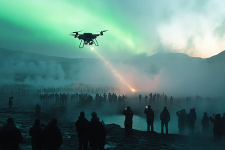 Crowds admire the northern lights as a drone launches fire in a volcanic landscape during twilight.の素材