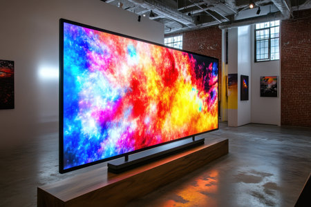 A vibrant digital display captivates visitors with its colorful patterns inside a modern art gallery.の素材