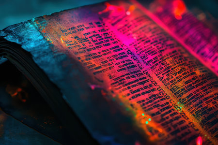 A beautifully aged manuscript remains under colorful lighting, showing intricate text patterns and textures.の素材