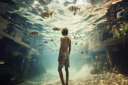 A young boy swims in clear water, surrounded by various fish, discovering marine life in a serene lagoon.の素材