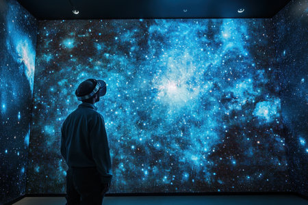 Individual engages with stunning visuals of the universe in a captivating art installation setting.の素材