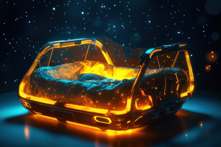 A glowing bed design with a modern style rests in a starry space.の素材