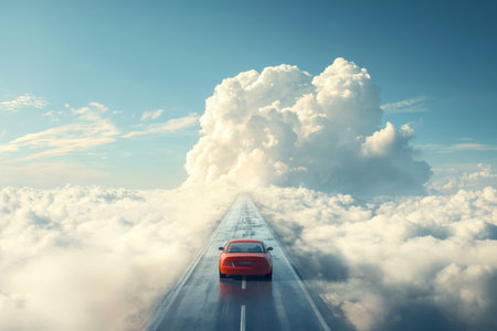 A red car drives on a shiny road under a cloudy sky, creating a dreamy vibe.の素材