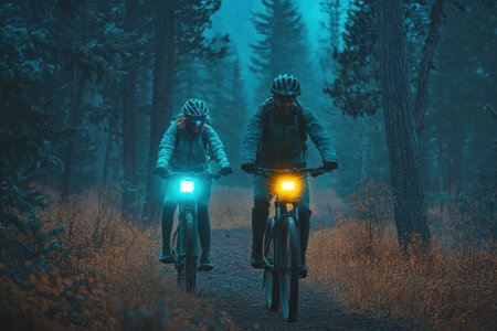 Two cyclists navigate a forest path illuminated by their bike lights at dusk, surrounded by trees and mist.の素材