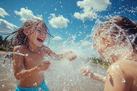 Two children are splashing water playfully in a bright natural setting under a clear blue sky.の素材