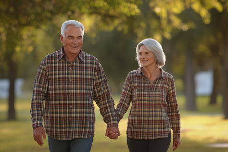 Couple walks hand in hand through a bright park filled with trees, enjoying a beautiful autumn day.の素材