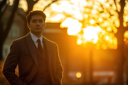 A man dressed in a stylish suit stands proudly while watching the sunset in a city park.の素材