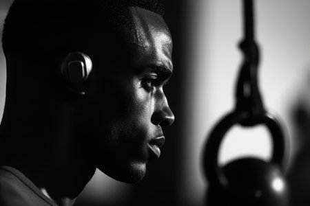 A dedicated athlete concentrates while training in a gym, showing strength and commitment to fitness.の素材