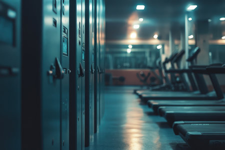 Lockers line the hallway of a quiet gym, with treadmills visible in soft light, creating an inviting atmosphere.の素材