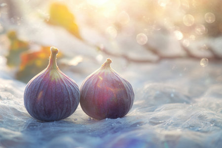 Two ripe figs sit gracefully on a tranquil surface, illuminated by gentle morning light and surrounded by nature.の素材