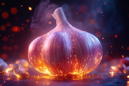 A vibrant garlic bulb emits sparks and smoke, showing its importance in nighttime culinary preparations.の素材