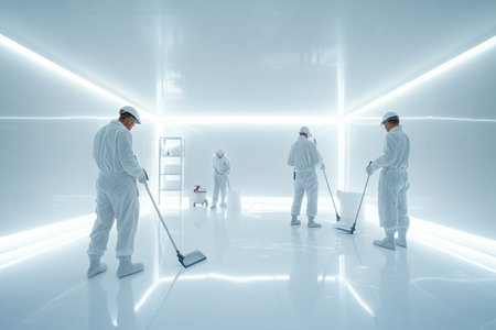 A team of individuals in protective gear is cleaning a pristine laboratory with bright lighting.の素材