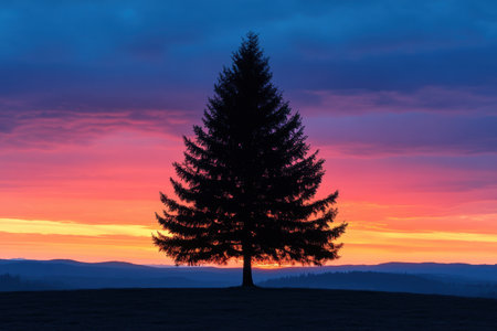 A tall tree stands alone on a hill as bright colors fill the sky at sunset, creating a peaceful atmosphere.の素材
