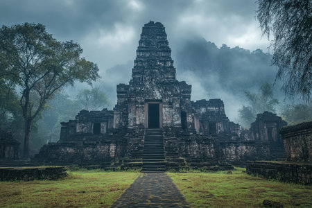 Cloudy morning light casts a mystical glow over ancient temple ruins and surrounding forest.の素材